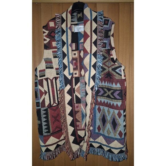 VTG Rising SUN Native American Southwestern Fringe Tapestry Coat EUC - Picture 1 of 6